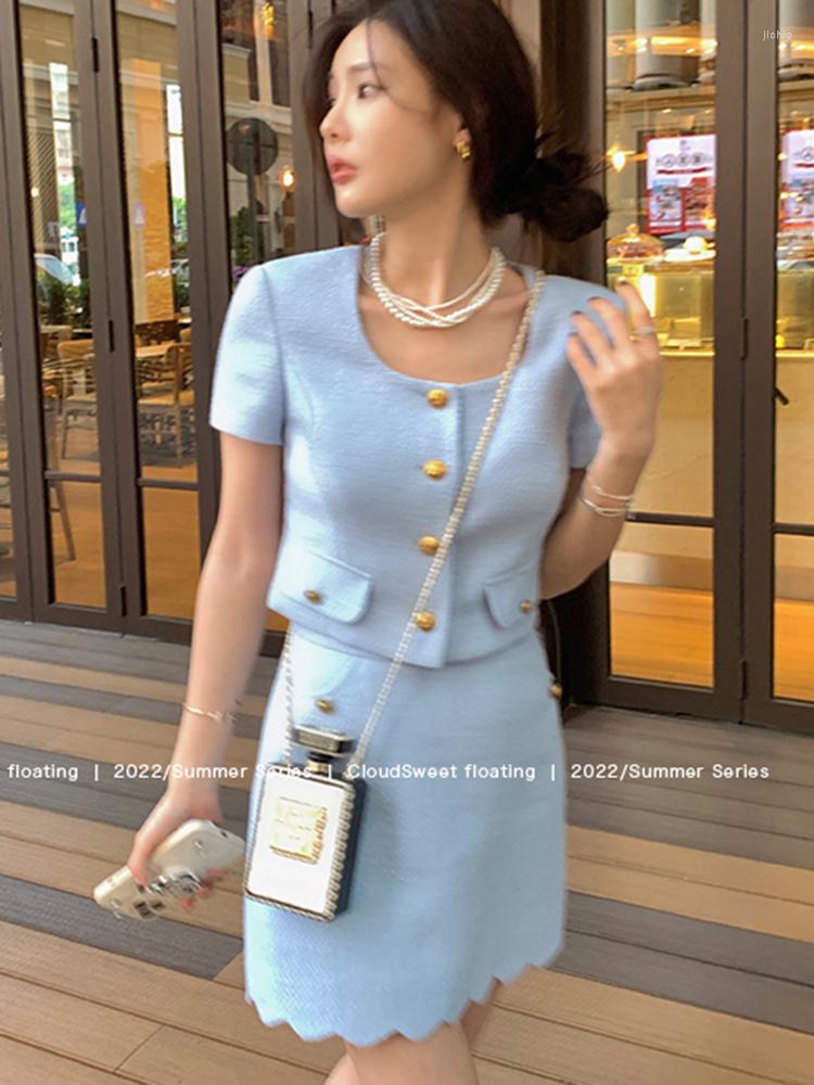 Work Dresses Small Fragrant Vintage Tweed Matching Sets Short Sleeve Single-breasted Crop Top Two Piece Set Women Jacket Skirt Suits