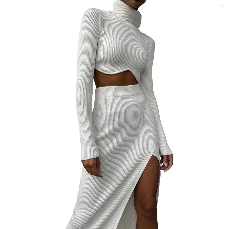 Work Dresses LEOSD Ensembles De Jupes Threaded High Collar Irregular Half Skirt Slit Slim Suit Crop Tops And Dress Two Piece Set Women