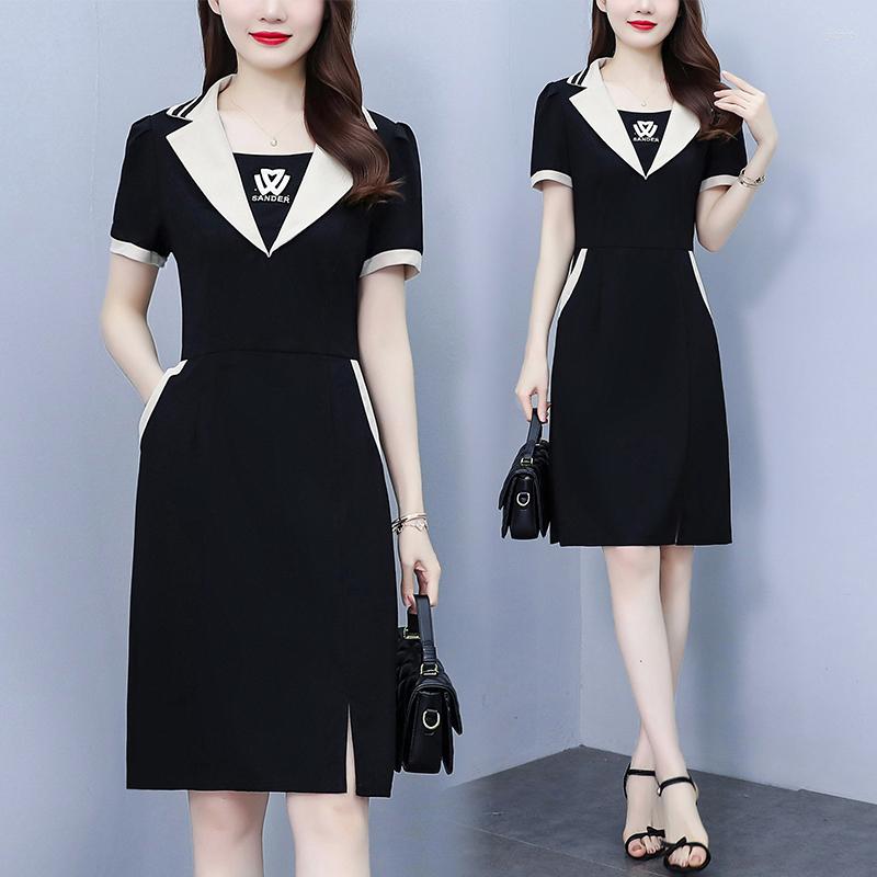 Party Dresses Summer Women Elegant Midi Dress Suit Collar Short Sleeve Casual Plus Size Hight Waist Black A Line Vestidos Female Clothes