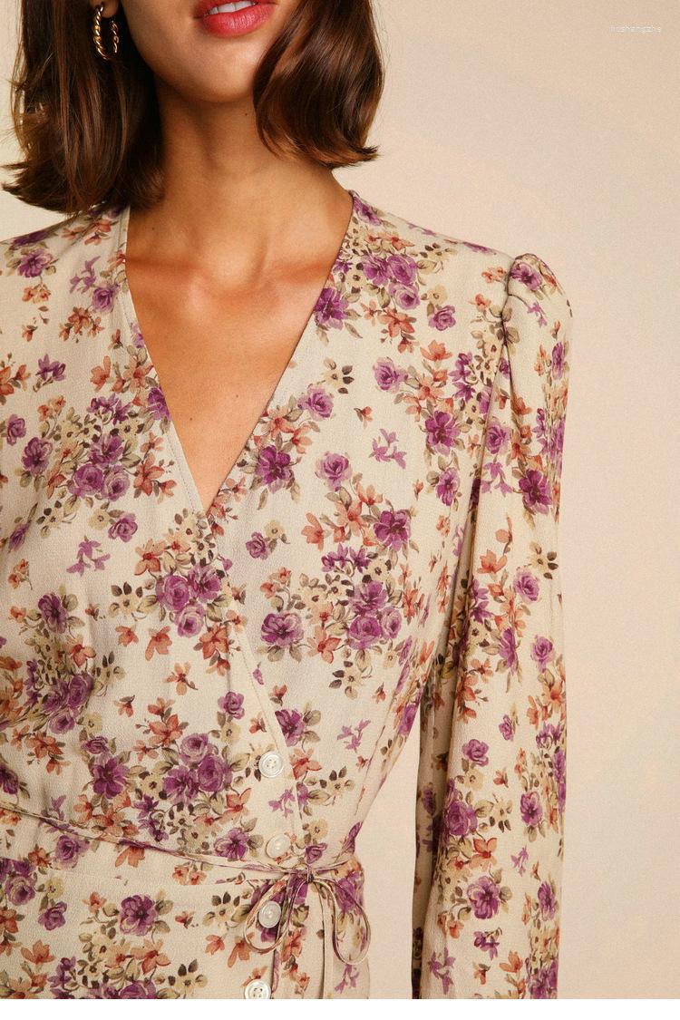 Casual Dresses Autumn Womens Printed V-Neck Long Sleeve Midi Dress Ladies French Single Breasted Lace Up Slim A-line