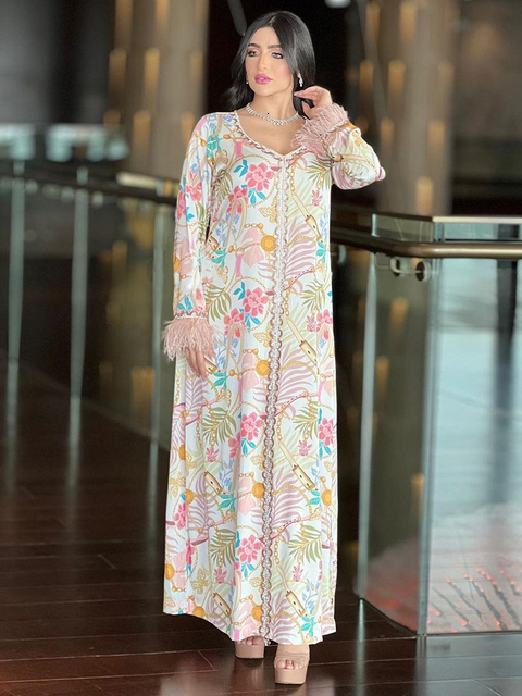Ethnic Clothing Siskakia Muslim Woman Dress Moroccan Jalabiya Dubai Rhinestones Beaded V Neck Long Sleeve Feather Patchwork Print Gulf Abayas 230616
