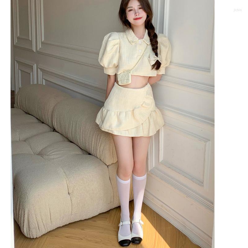 Work Dresses 2024 Summer Women Dress Suit Fashion Lantern Sleeve Turn-down Collar Solid Short Blouse Shirt High Waist Irregular Ruffles