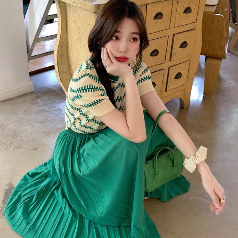 Work Dresses 2023 Summer Womens Dress Sets Stylish Striped Knitted T Shirt Pleated Skirt Casual Green Chic