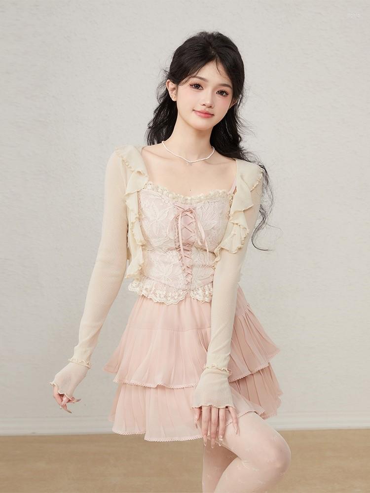 Work Dresses Sweet Blouses Sets Women All-match Chiffon Sunscreen Cardigan Lace Tank Mini Pleated Skirts 3 Pieces Suits Streetwear Korean