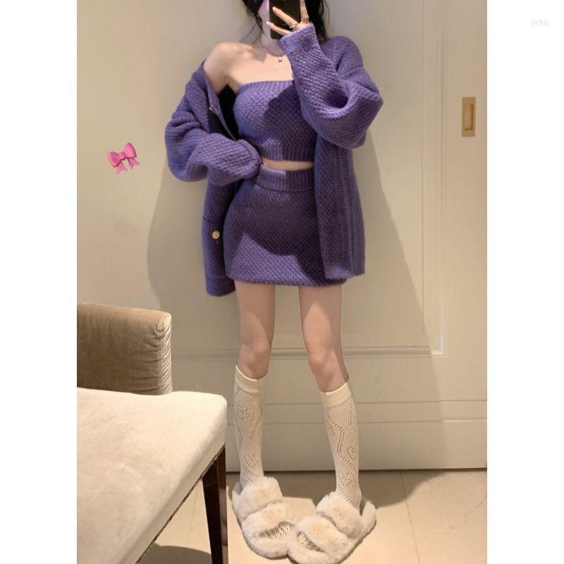 Work Dresses Fashion Knit Suits Women Long Sleeve Loose Pullover Sweater Tops Short Bra Tank High Waist Skirt Three-piece Sets J242