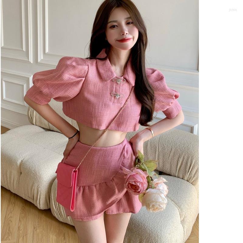 Work Dresses 2024 Summer Women Dress Suit Fashion Lantern Sleeve Turn-down Collar Solid Short Blouse Shirt High Waist Irregular Ruffles