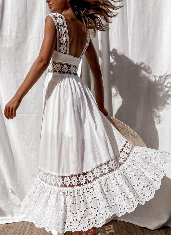 Basic Casual Dresses Women's Dress White Hollow Out Cotton Sundress Lace Sleeveless Long Splicing Summer Party Elegant Evening Woman Skirt Clothi