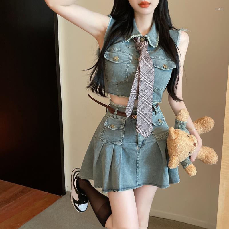 Work Dresses Womens Summer Short Skirt Sets Cropped Vest Top Mini Pleated Denim Skirts Two-piece Suit Streetwear Y2k Clothing Q610