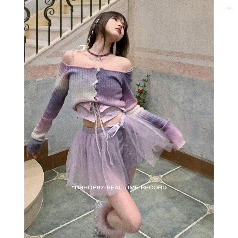 Work Dresses Summer Women Skirts Set Ballet Girl Style Gradient One Line Neck Knit Top Purple Mesh Princess Fluffy Short Skirt Two Piece
