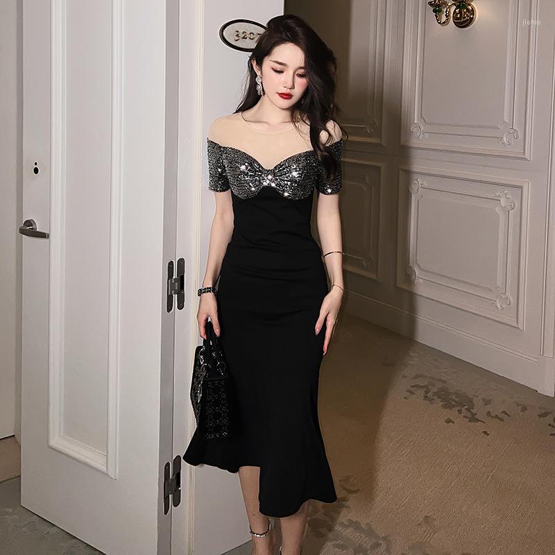 Party Dresses 2024 Luxury Formal Women Bandage Dress Elegant Patchwork Slim Mermaid French O-Neck Strapless Wrap Hip Bodycon
