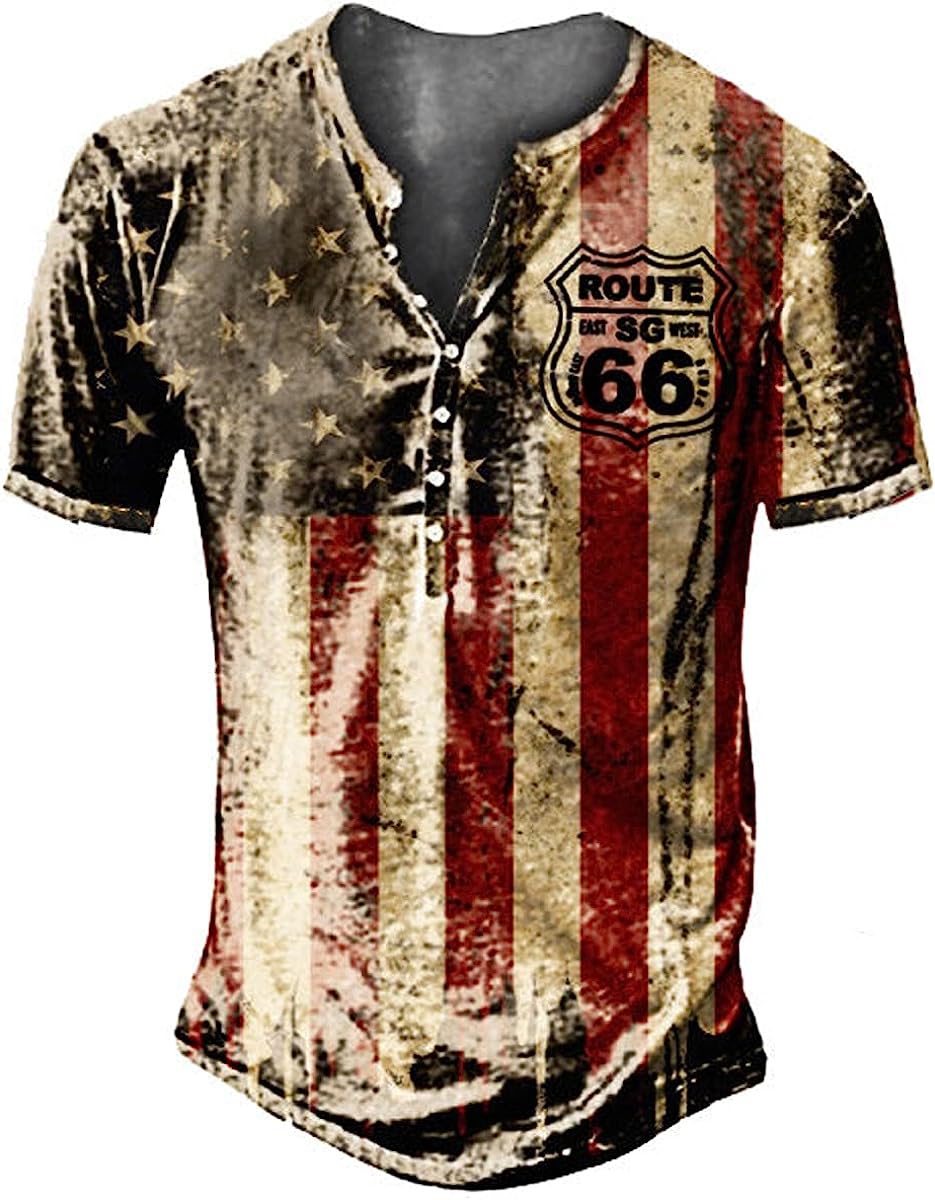 Mens 4th of July T Shirts Independence Day American Flag Route 66 Vintage Henley Button Shirt