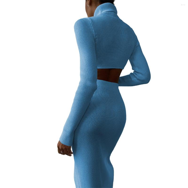 Work Dresses LEOSD Ensembles De Jupes Threaded High Collar Irregular Half Skirt Slit Slim Suit Crop Tops And Dress Two Piece Set Women