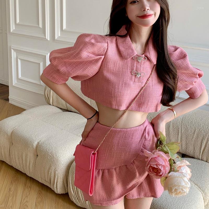 Work Dresses 2024 Summer Women Dress Suit Fashion Lantern Sleeve Turn-down Collar Solid Short Blouse Shirt High Waist Irregular Ruffles