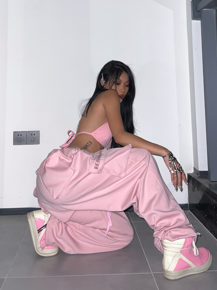 Women's Pants Capris HOUZHOU Y2K Pink Cargo Parachute Pants Oversize Hip Hop Jogging Sweatpants Egirl 90s Aesthetic Vintage Wide Leg Trousers Fem