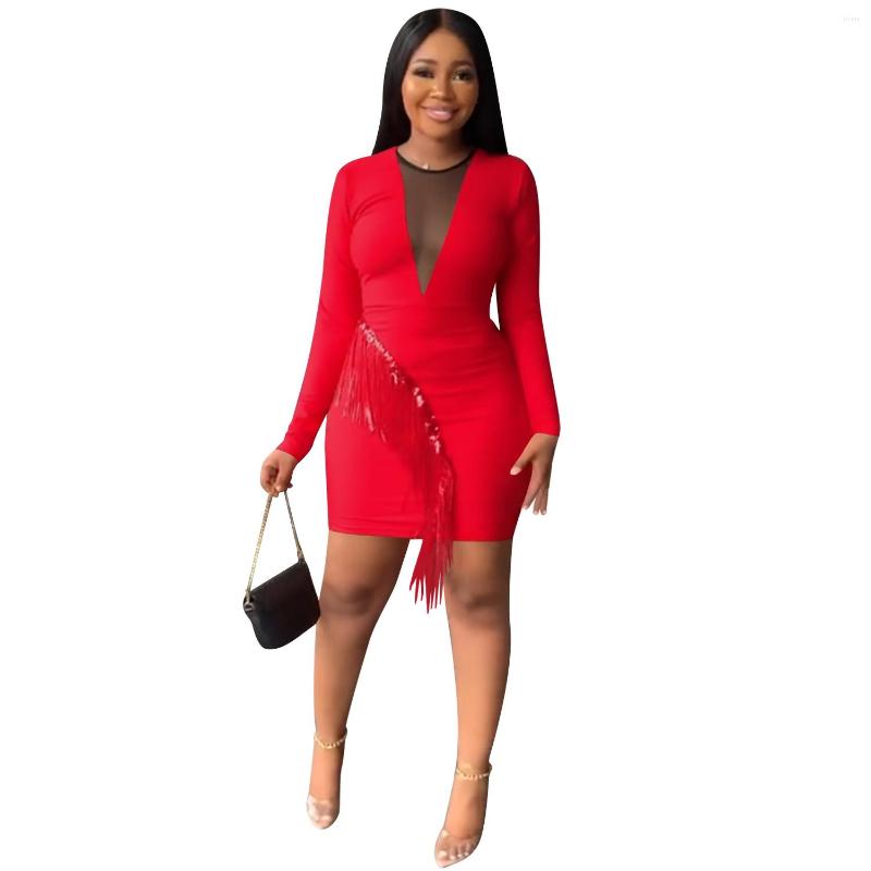 Casual Dresses Women Night Club Drill Mesh See-through Fringe Hip Slim 2024 Spring Long Sleeve Fashion Sexy Party