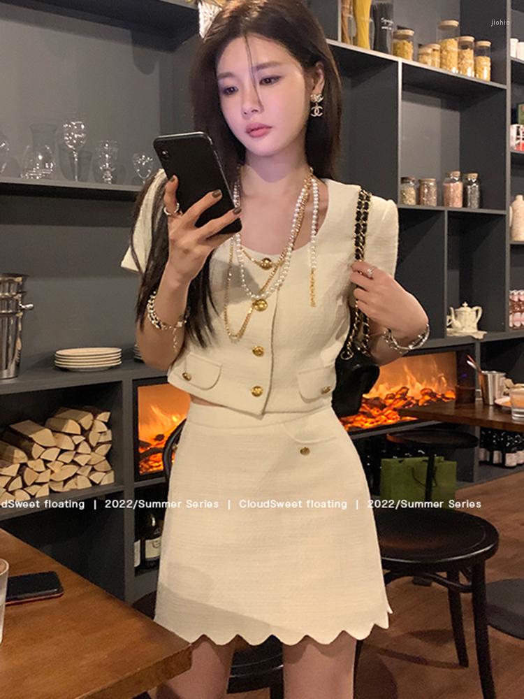 Work Dresses Small Fragrant Vintage Tweed Matching Sets Short Sleeve Single-breasted Crop Top Two Piece Set Women Jacket Skirt Suits