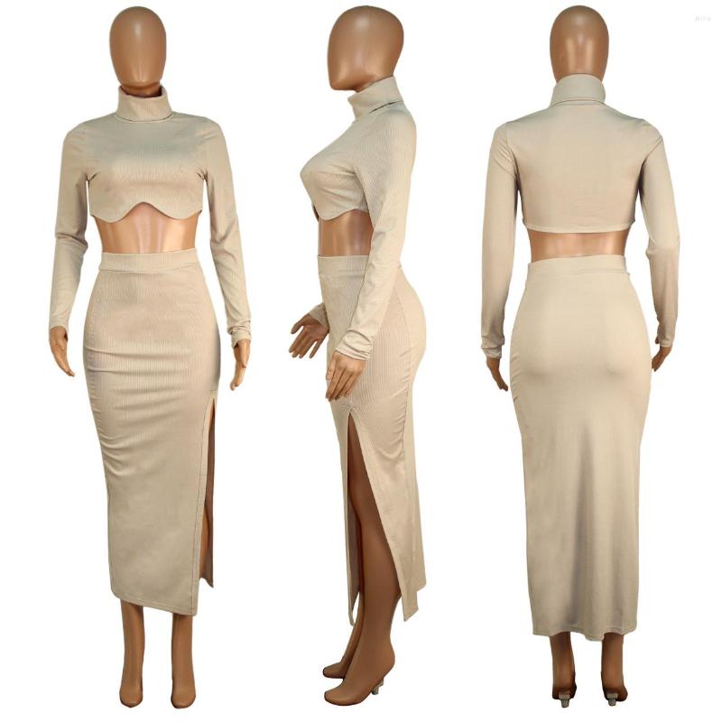 Work Dresses LEOSD Ensembles De Jupes Threaded High Collar Irregular Half Skirt Slit Slim Suit Crop Tops And Dress Two Piece Set Women