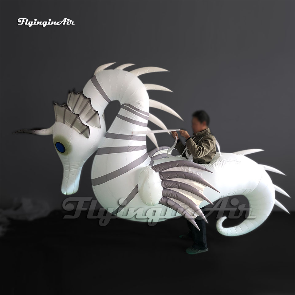 Fantastic Parade Performance White Walking Inflatable Seahorse Costume Wearable Blow Up Sea Animal Balloon Suit For Event