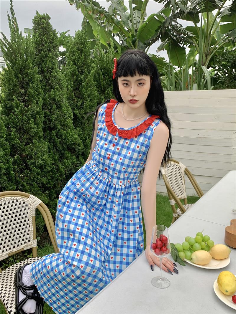 Party Dresses Original Summer Day And Wind Restoring Ancient Ways Is Red Blue Plaid Round Of Tall Waist Sleeveless Lace Dress