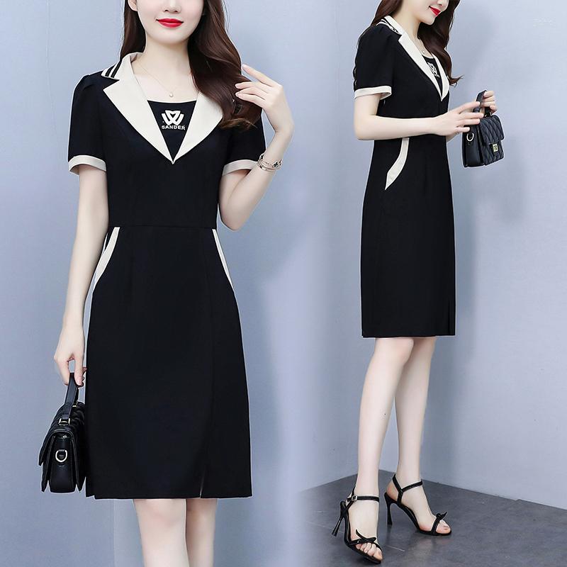 Party Dresses Summer Women Elegant Midi Dress Suit Collar Short Sleeve Casual Plus Size Hight Waist Black A Line Vestidos Female Clothes