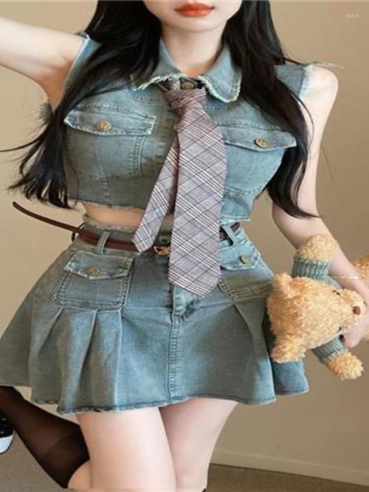 Work Dresses Womens Summer Short Skirt Sets Cropped Vest Top Mini Pleated Denim Skirts Two-piece Suit Streetwear Y2k Clothing Q610