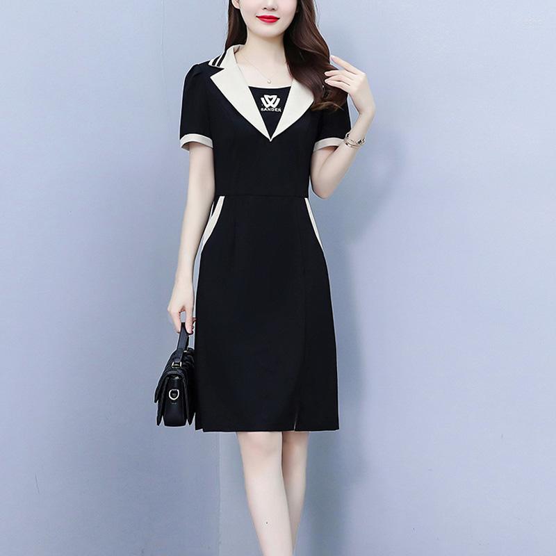 Party Dresses Summer Women Elegant Midi Dress Suit Collar Short Sleeve Casual Plus Size Hight Waist Black A Line Vestidos Female Clothes