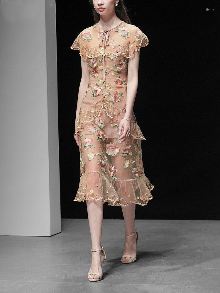 Party Dresses 2023 Women Embroidered Summer Dress Vintage Runway Fashion Designer Floral Ruffle Mesh Elegant Ladies Mermaid Vestidos