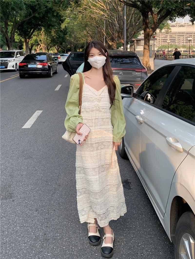 Work Dresses GkyocQ 2023 Summer Dress Sets Solid Short Shawl V Neck Lace Slim Waist Suspender For Women Two Piece Female Outfits