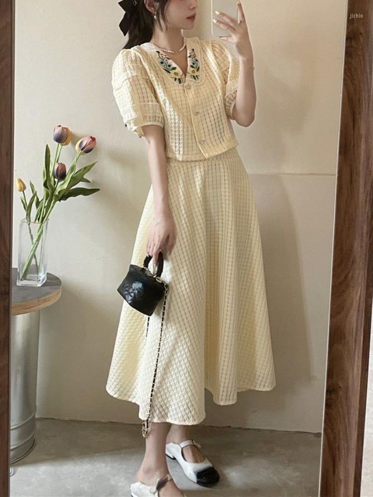 Work Dresses Elegant French Fairy Party Suits Style Women Casual Floral Crop Tops Pure Color Midi Skrits 2023 Summer Korean Fashion Outfits