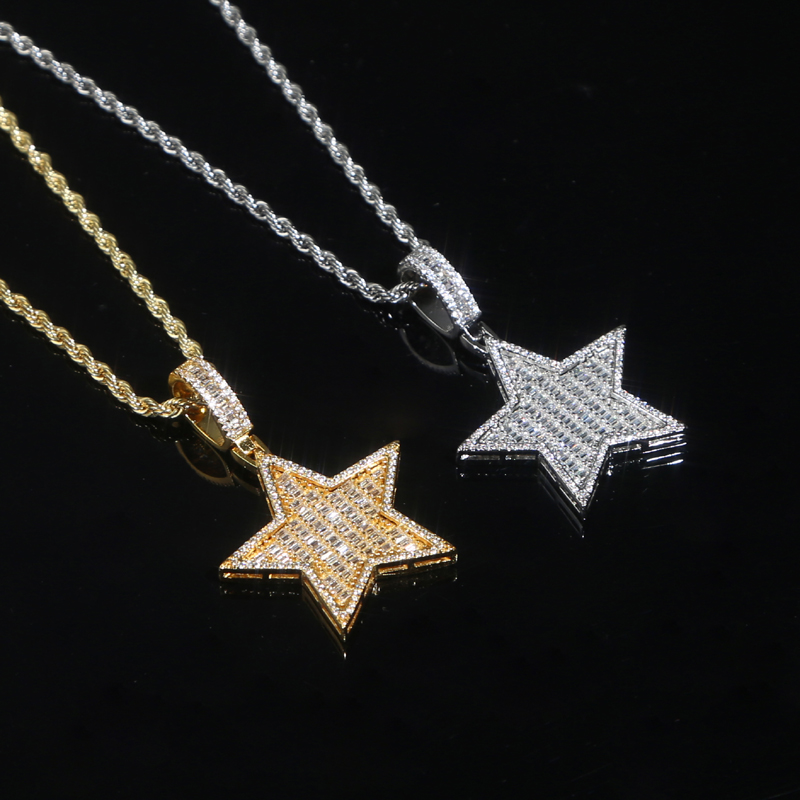 Zircon Star Pendant Necklace Hip Hop 5 point star Bling for Men women Fashion Simple jewelry