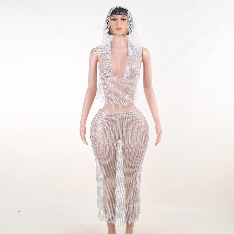Work Dresses Sexy Sheer Mesh Sequined Flash 2 Piece Set Women Summer V Neck Hoodie Crop Top Hollow Out Long Skirts Club Party Outfits Y2K