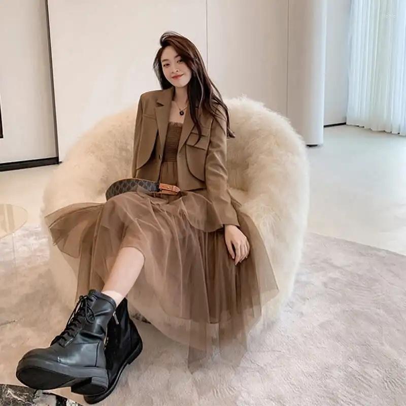 Work Dresses Design Korean Women Fashion Elegant Blazer Vintage Two Piece Set Advanced Slingdress Blazers Femme Robe Vestido De Mujer