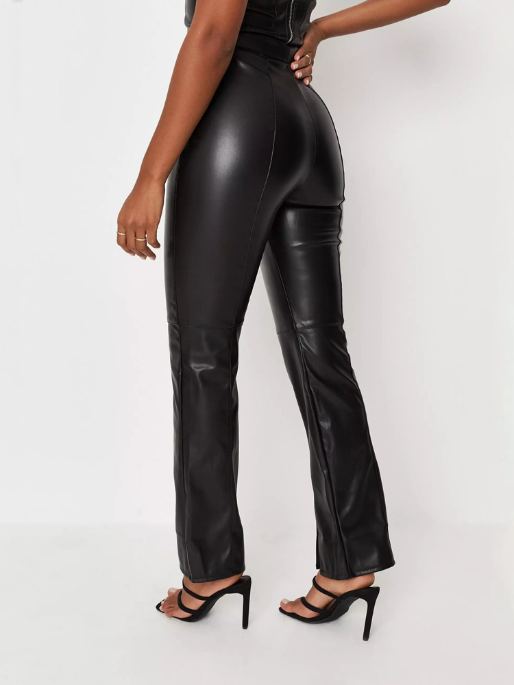 Women's Pants Capris wsevypo Women PU Leather Trousers Vintage High Waist Button Straight-Leg Pants Autumn Casual Party Street Office Solid Pants