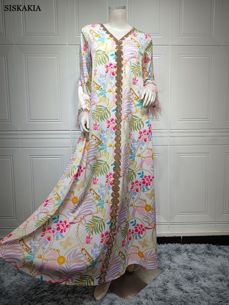 Ethnic Clothing Siskakia Muslim Woman Dress Moroccan Jalabiya Dubai Rhinestones Beaded V Neck Long Sleeve Feather Patchwork Print Gulf Abayas 230616