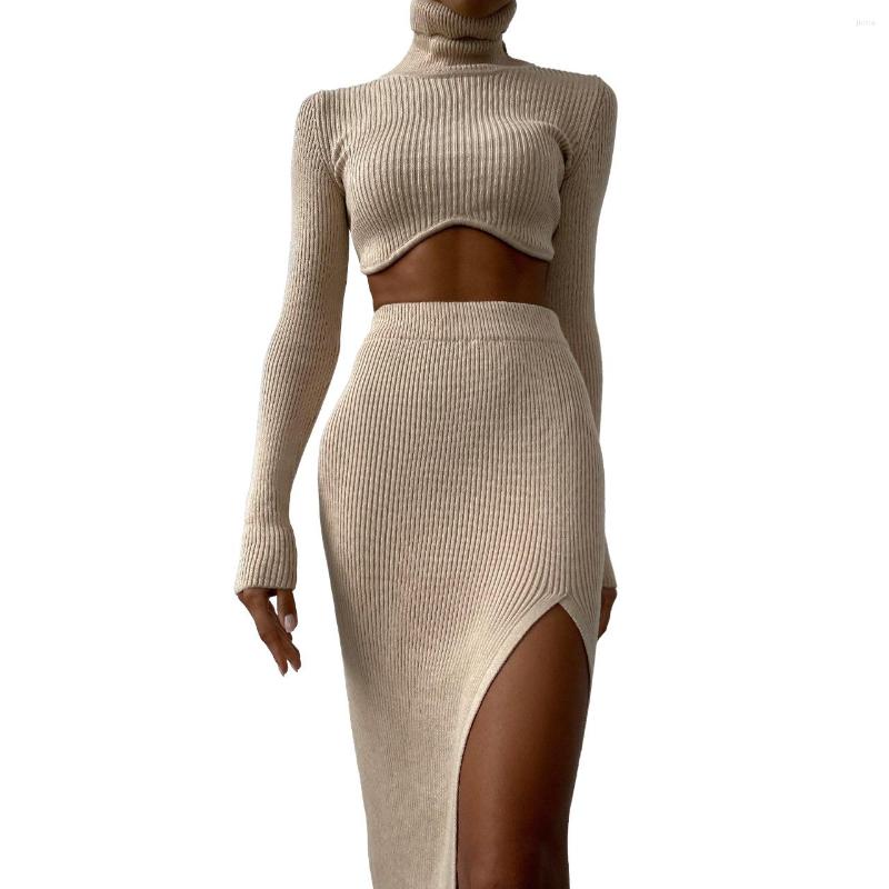 Work Dresses LEOSD Ensembles De Jupes Threaded High Collar Irregular Half Skirt Slit Slim Suit Crop Tops And Dress Two Piece Set Women