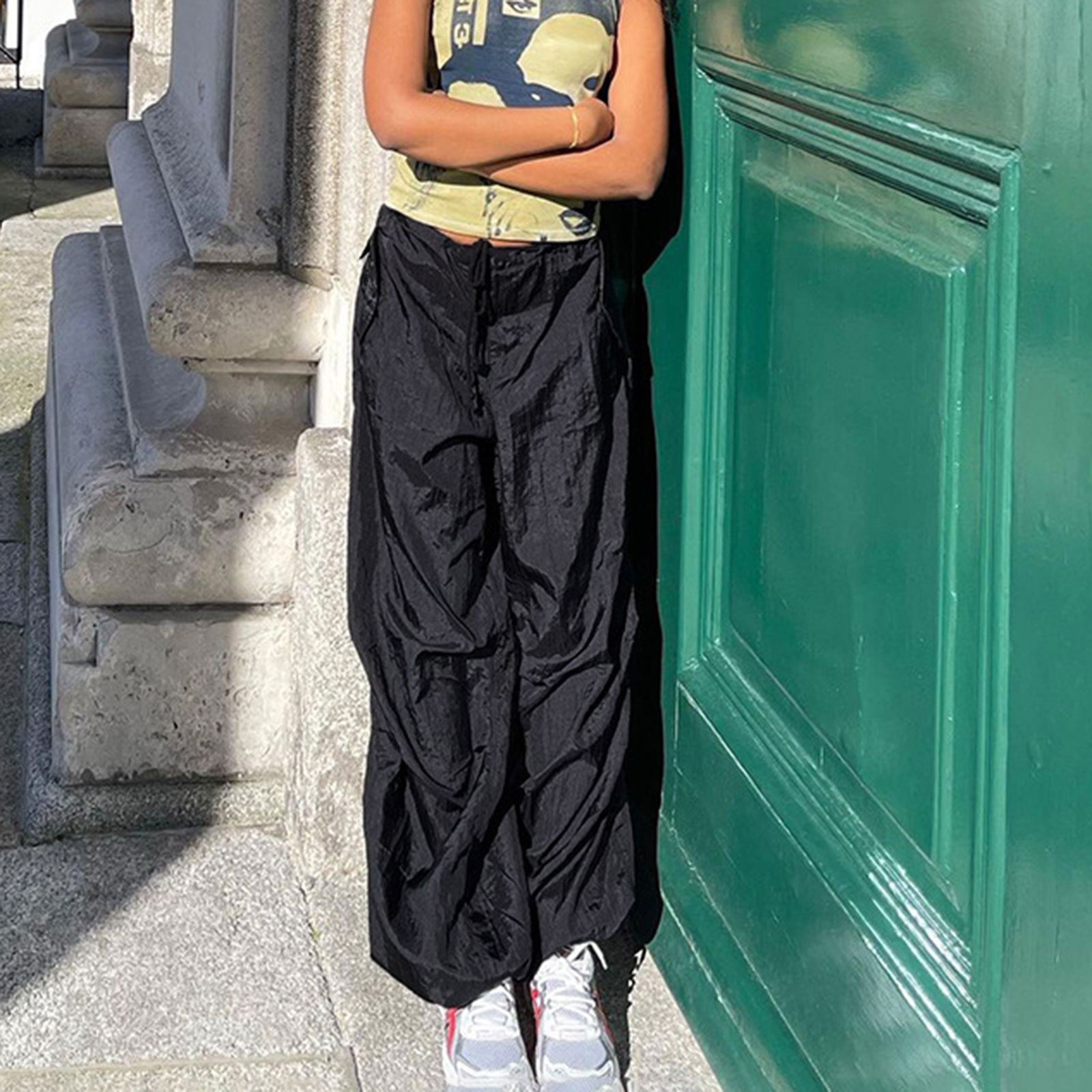 Women's Pants Capris Womens Pants Adult Casual Solid Color Loose Fit Drawstring Waistband Pants Female Trousers Club Street Style Loose Woven Pan
