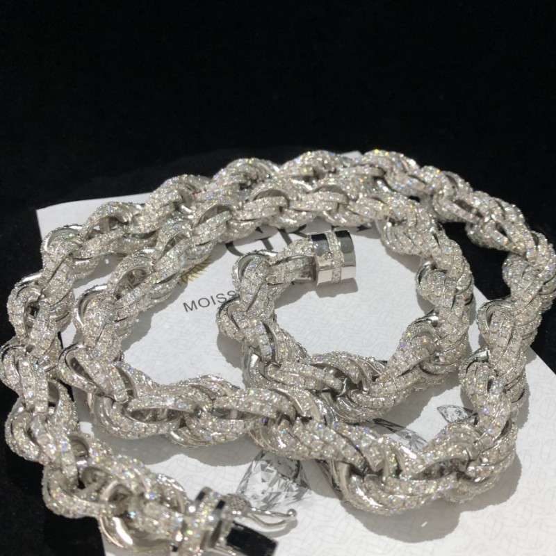 Pass Test VVS Moissanite Chains Necklace 12mm 18-24inch 925 Sterling Silver Full Moissanite Rope Chain Necklace for Women/Men Nice Gift