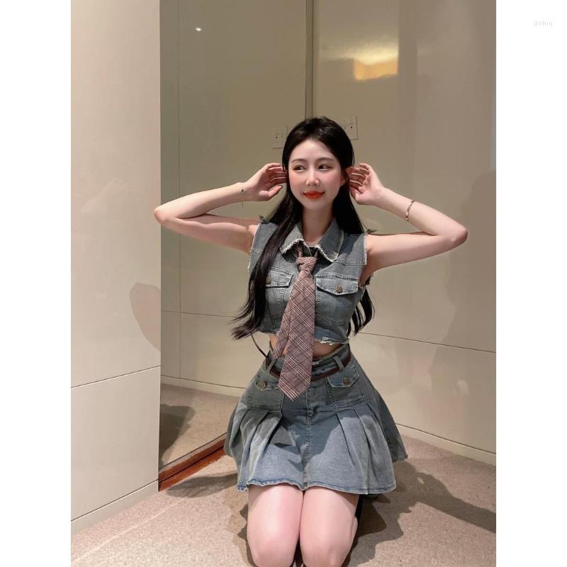 Work Dresses Womens Summer Short Skirt Sets Cropped Vest Top Mini Pleated Denim Skirts Two-piece Suit Streetwear Y2k Clothing Q610