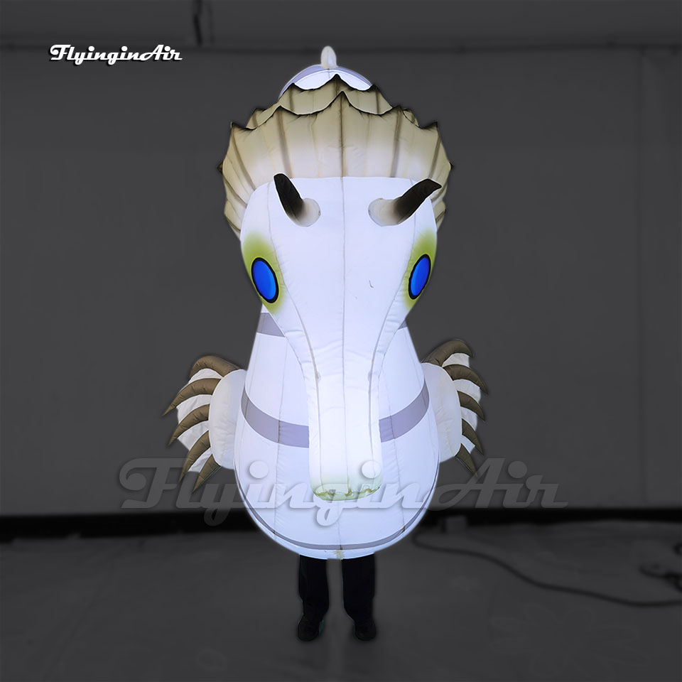 Fantastic Parade Performance White Walking Inflatable Seahorse Costume Wearable Blow Up Sea Animal Balloon Suit For Event