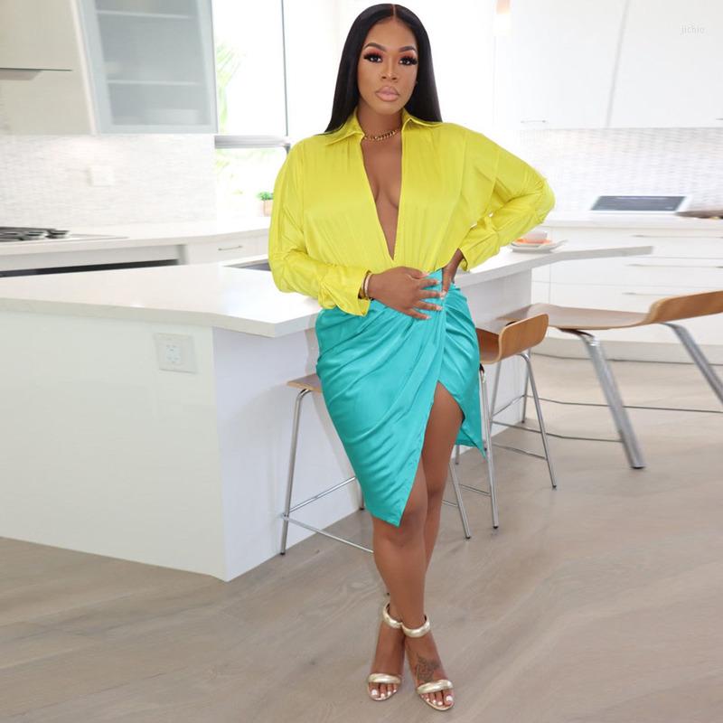 Work Dresses WUHE Women 2023 Two Piece Set Sexy V Neck Long Sleeve Blouse Top High Slit Ruched Skirts Club Party Rave Outfits Festival