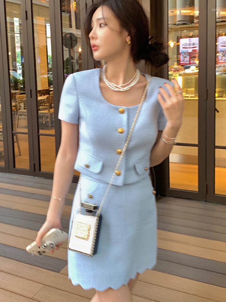 Work Dresses Small Fragrant Vintage Tweed Matching Sets Short Sleeve Single-breasted Crop Top Two Piece Set Women Jacket Skirt Suits