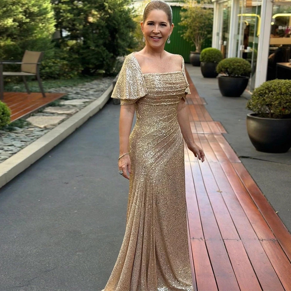 Elegant Sequin Mermaid Mother of the Bride Dresses Square Neck Short Sleeve Formal Gown Ruched Gold Wedding Guest Dress
Elegant Sequin Mermaid Mother of the Bride Dresses Square Neck Short Sleeve Formal Gown Ruched Gold Wedding Guest Dress