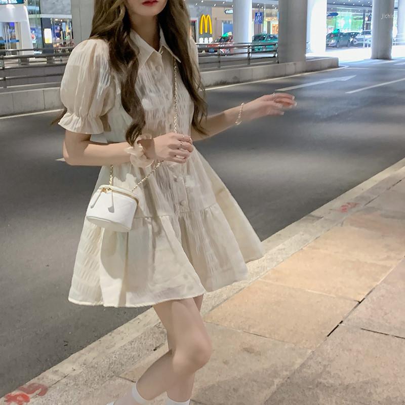 Casual Dresses 2023 Summer Short Puff Sleeve Shirt Dress Holiday Fashion Beige Mini Small Girl Slim Waist A Line Party