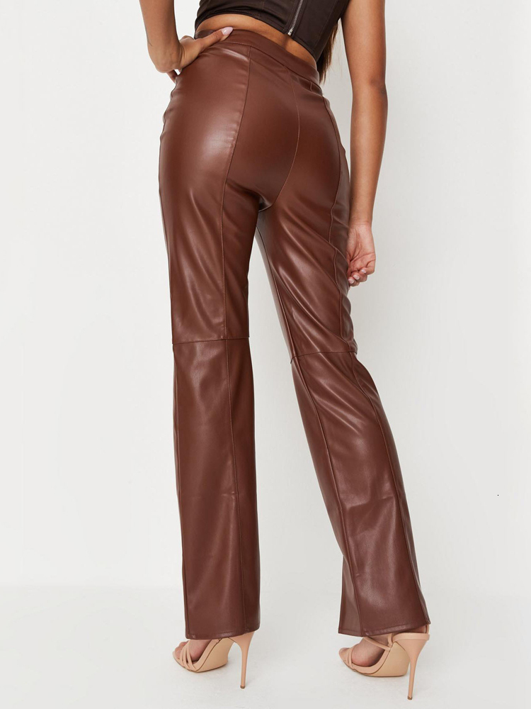 Women's Pants Capris wsevypo Women PU Leather Trousers Vintage High Waist Button Straight-Leg Pants Autumn Casual Party Street Office Solid Pants