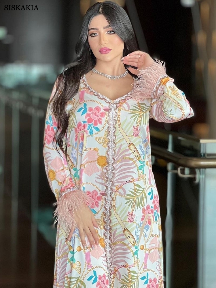 Ethnic Clothing Siskakia Muslim Woman Dress Moroccan Jalabiya Dubai Rhinestones Beaded V Neck Long Sleeve Feather Patchwork Print Gulf Abayas 230616