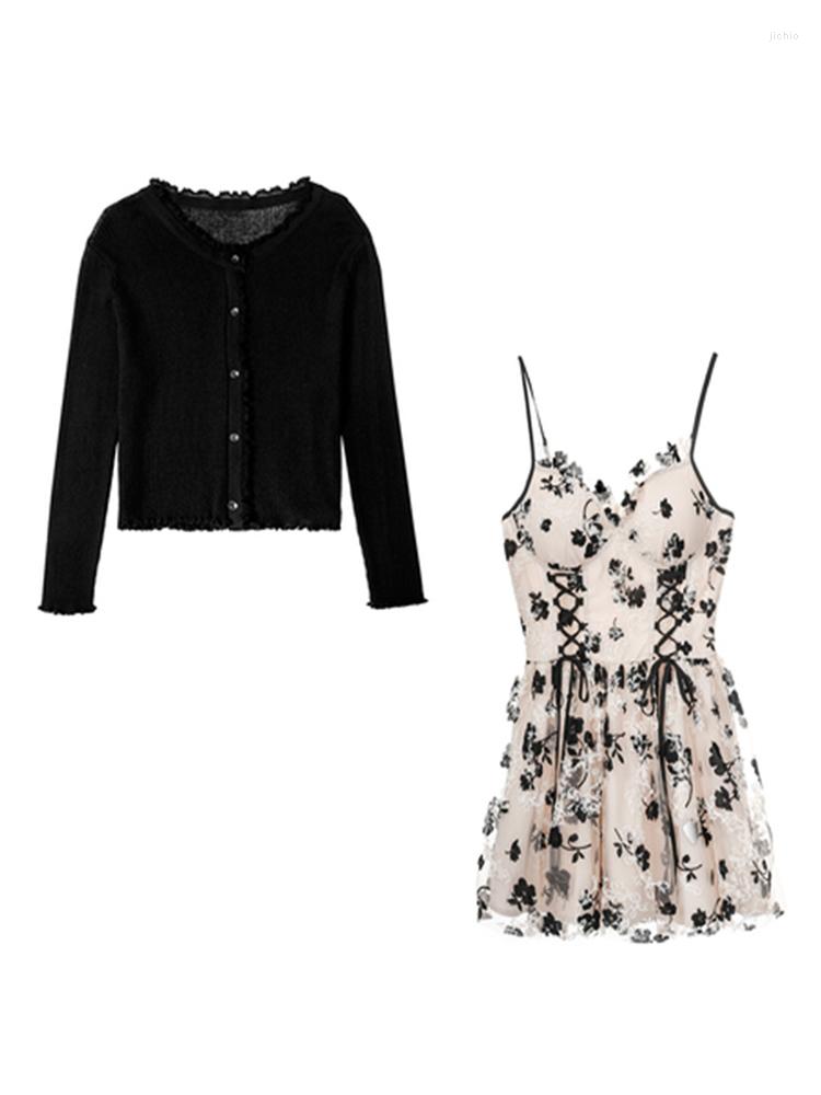 Work Dresses GkyocQ Women Dress Sets Solid Knitted Cardigan Floral Print Lace Bandage Korean Fashion Two Piece Set Chic Outfits