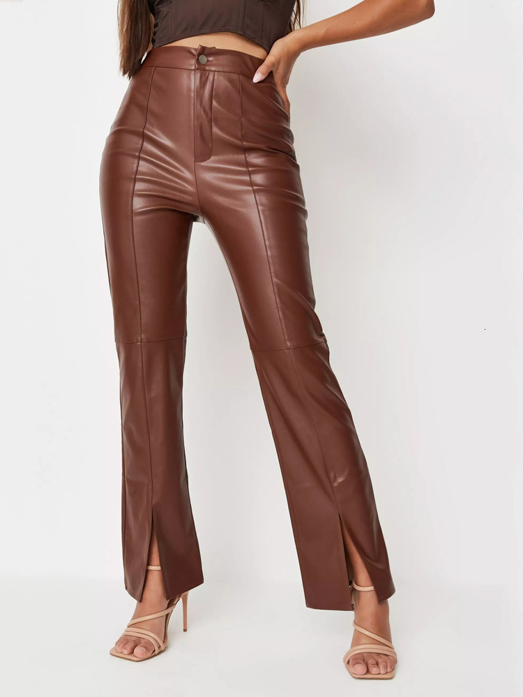 Women's Pants Capris wsevypo Women PU Leather Trousers Vintage High Waist Button Straight-Leg Pants Autumn Casual Party Street Office Solid Pants