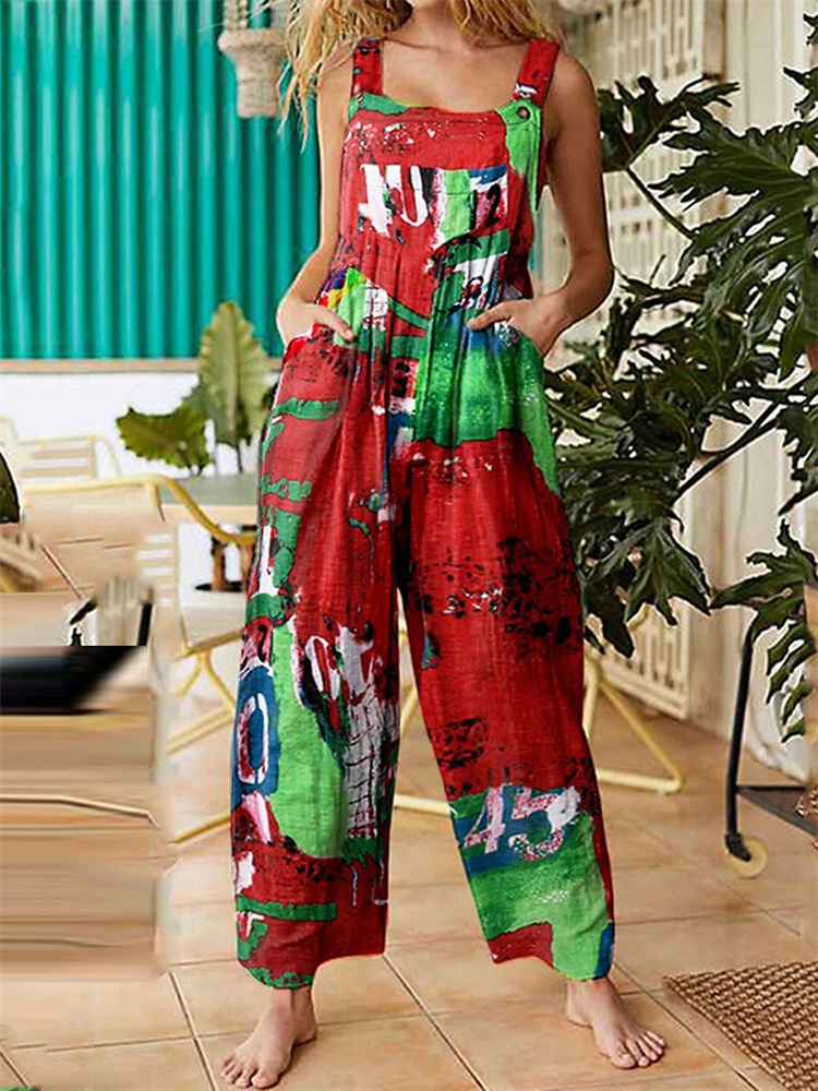 Women's Pants Capris Women Loose Suspender Trousers Tie-dye Print Wide Leg Pants Summer Fall Bohemian Grunge Casual Long Pants Female Streetwear 