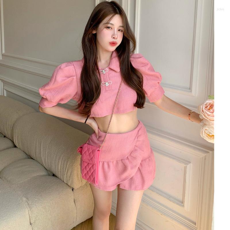 Work Dresses 2024 Summer Women Dress Suit Fashion Lantern Sleeve Turn-down Collar Solid Short Blouse Shirt High Waist Irregular Ruffles