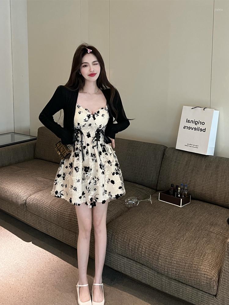 Work Dresses GkyocQ Women Dress Sets Solid Knitted Cardigan Floral Print Lace Bandage Korean Fashion Two Piece Set Chic Outfits